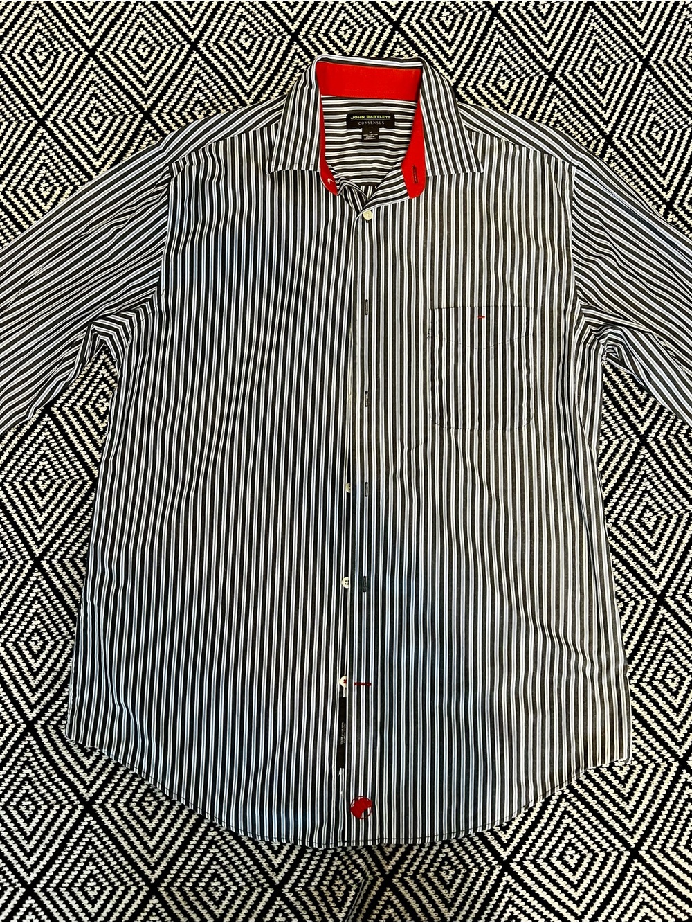 Men's Navy Blue & White Stripe Dress Shirt with Red Accent Collar